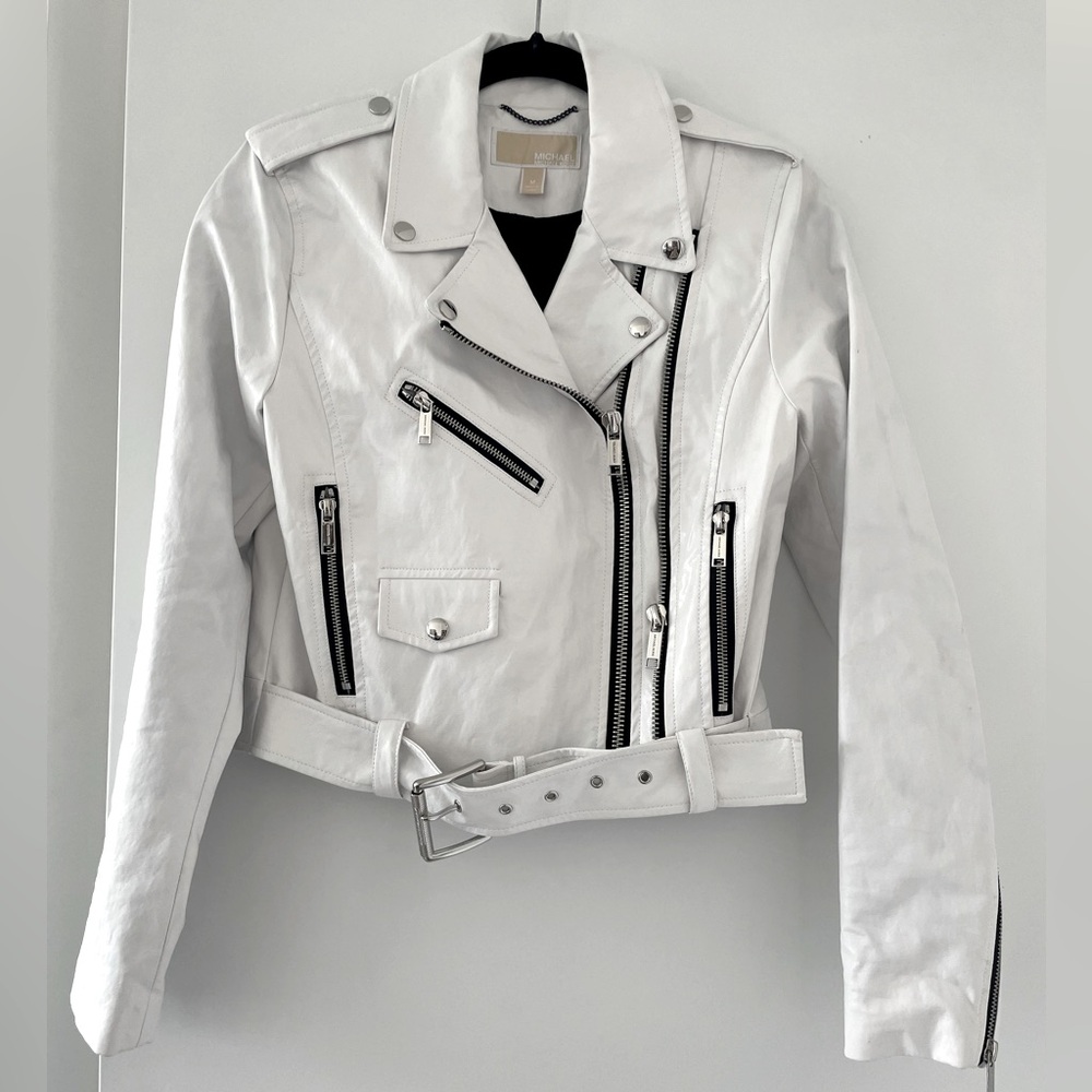 Michael Kors white faux leather moto jacket